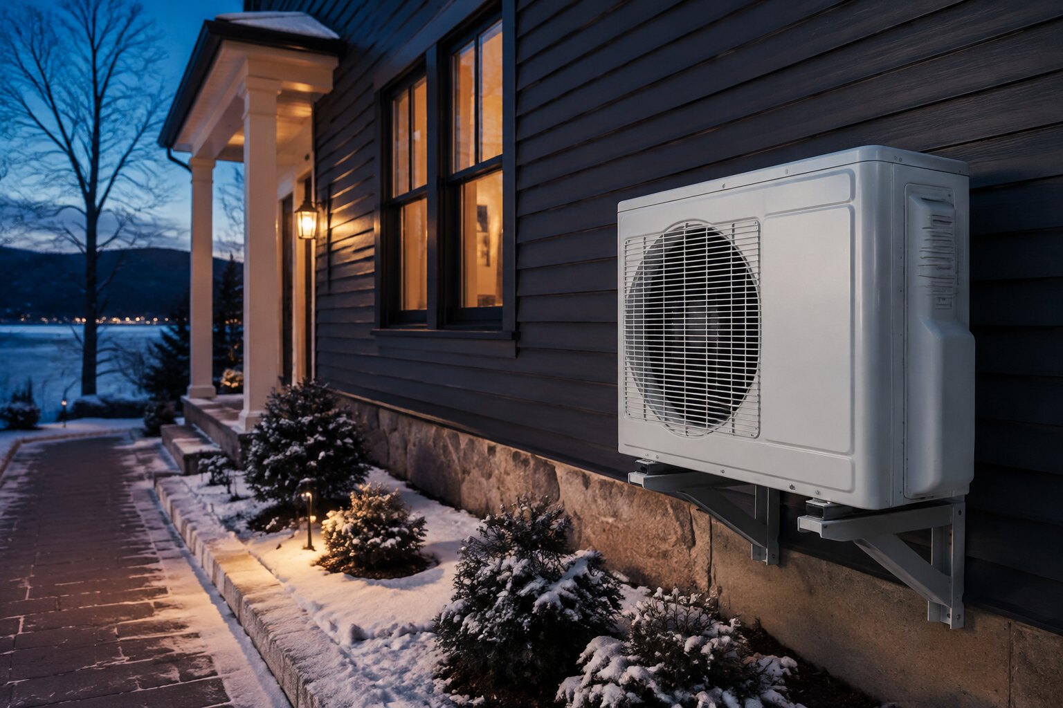 Ductless heat-pump outdoor unit installed for winter operation