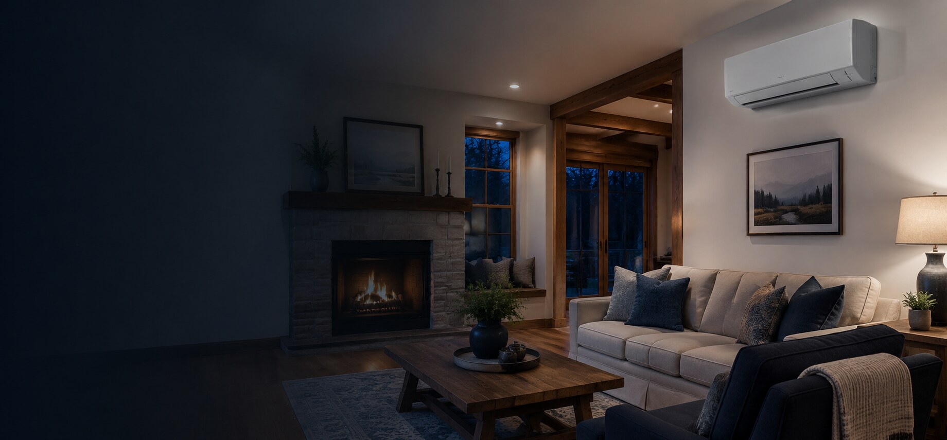 Wall-mounted ductless system in a comfortable living room